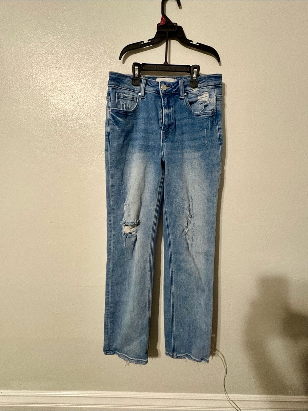 Women's Light Blue Distressed Straight-Leg Jeans